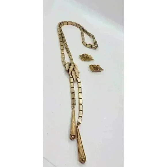 Vtg Gold Box Link Chain Necklace Earrings Faux Slide Leaves Tassel Laria… - Picture 2 of 9